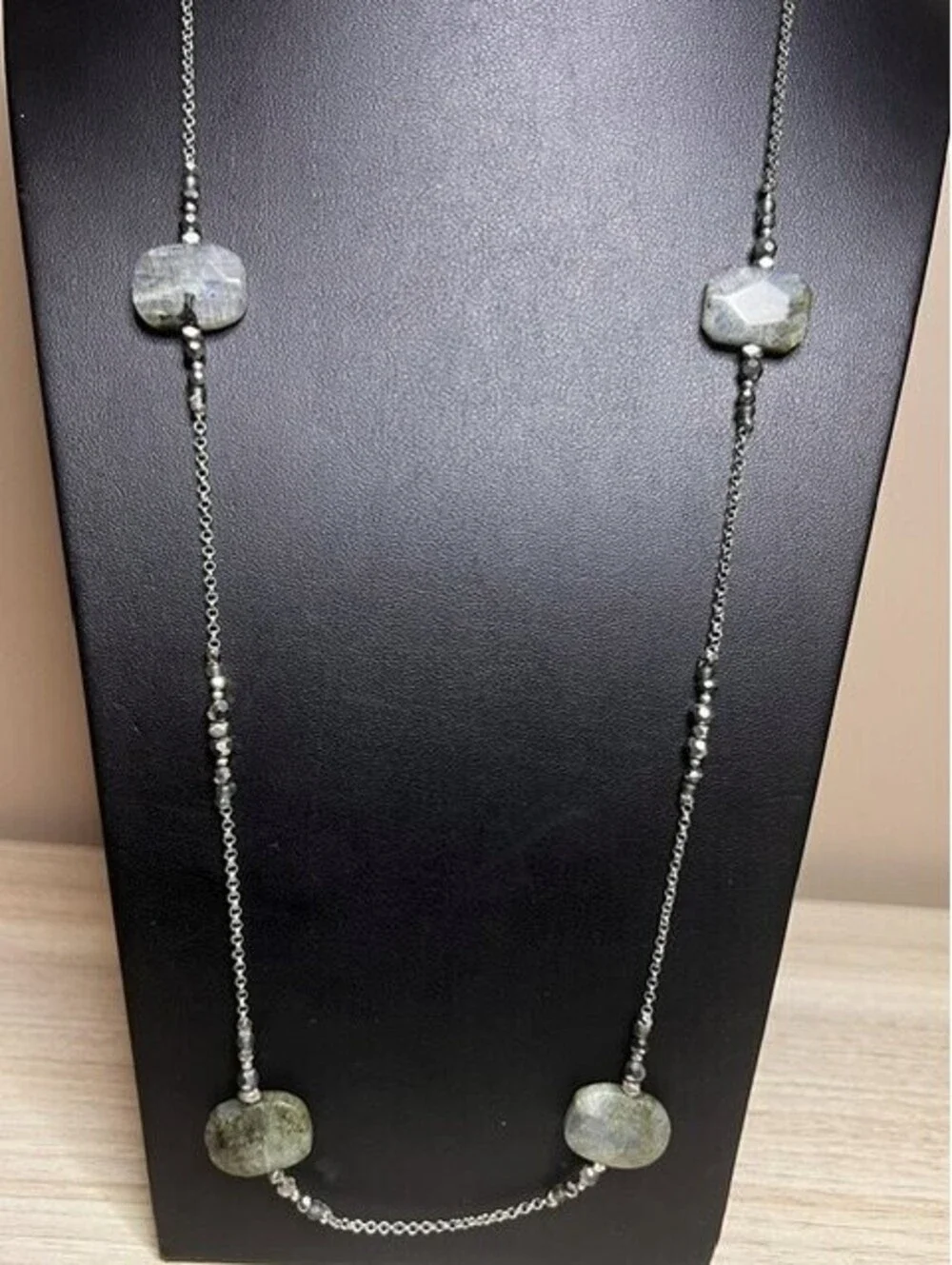 B6663 NAKAMOL Labradorite Hematite Long Station Necklace Silver Tone 40